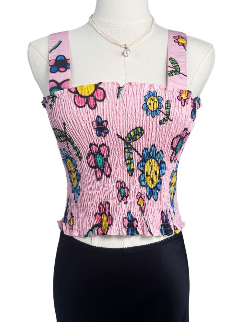 Lazy Oaf Airbrush Flowers Shirred Top Pink Smocked Doodle Flower Tank US 2 UK 6
